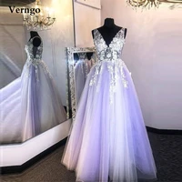 verngo elegant lavender tulle long evening dresses with 3d flowers v neck floor length prom gowns lace tie back pageant dress