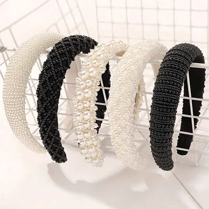 

All-matched Vintage Style Hair Accessories Temperament Ladies Beaded Sponge Headband Fashionable Solid Color Mesh Headband
