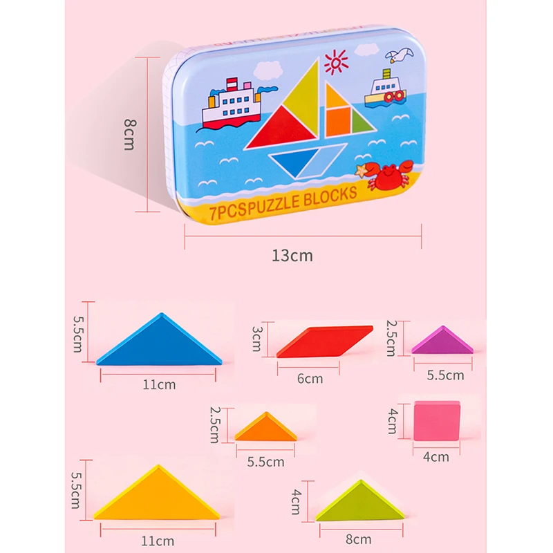 

7 Piece Jigsaw Puzzle Kids Development Wooden Tangram Colorful Square Iq Brain Teaser Educational Funny Toys for Children