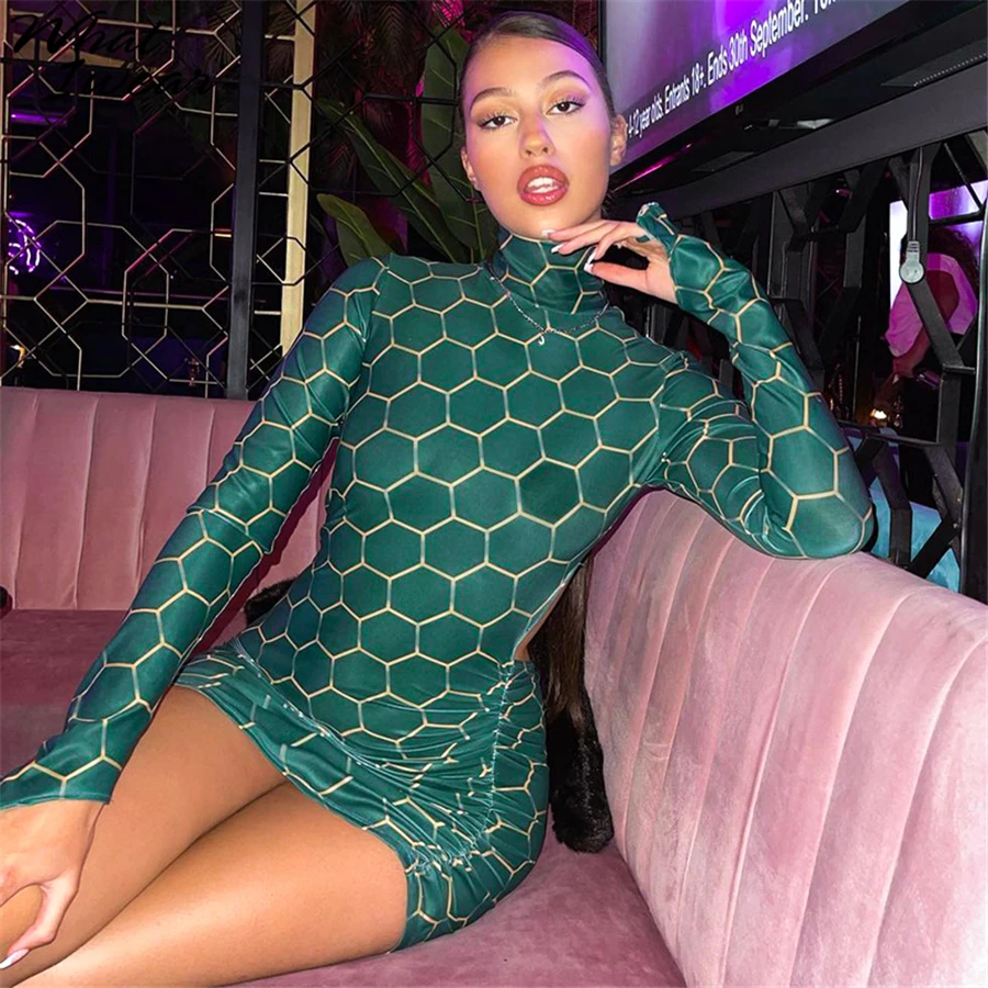 

Whatiwear Elegant Plaid Print Mini Dress Women Slim Body-Shaping Clothing Long Sleeve Turtleneck Party Club Femal Partywear