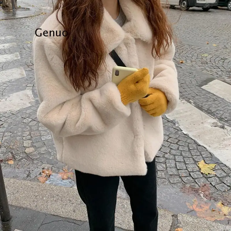 

Autumn Winter Faux Mink Short Coat Korean Long Sleeve Turn-down Collar Women Jacket Causal Solid Warm Outerwear