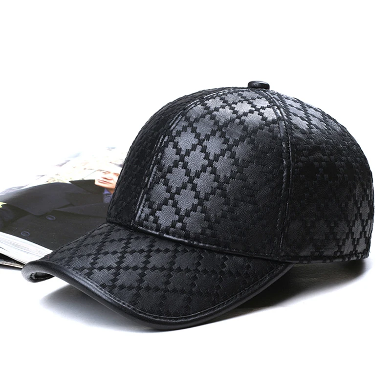 

Exclusive Unisex Genuine Leather Rhombus Check Embroidered Baseball Cap Women Retro Casual Peaked Hat men Fishing Trucker Gorras