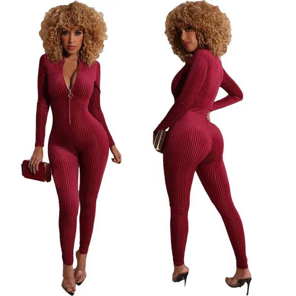 Autumn Winter Women Jumpsuits V-Neck Zipper Full Sleeve Sexy Rompers Night Club Party Outfits Casual Bandage One Piece | Женская одежда
