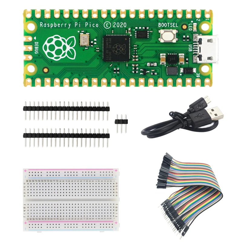 

Raspberry Pi Pico RP2040 Microcontroller Chip M0+ Processor + GPIO Header + USB Cable Optional Breadboard Jumper Wires