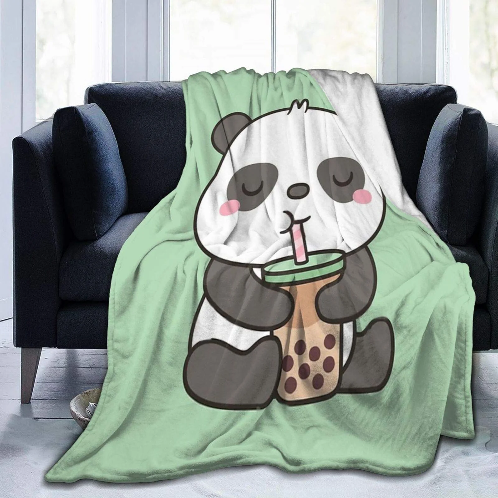 

Flannel Fleece Blanket Cute Little Panda Enjoy Boba Tea Blanket Four Seasons Plush Blanket Suitable For Sofa Bed Travel 50X40