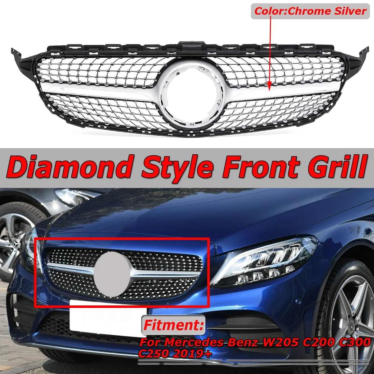 New W205 Diamond Grille Diamond Style Car Front Bumper Grille Grill Mesh For Mercedes For Benz C Class W205 C200 C300 C250 2019+