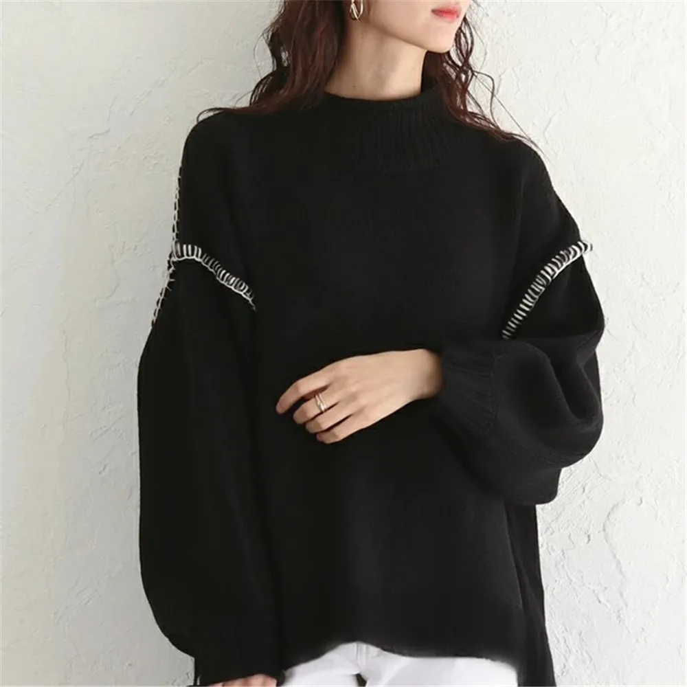 

Turtleneck Sweater For Women 2022 Knitted Korean Fashion Ladies Logn Sleeve Top Knitwear Pullover Black White Oversize Sweaters