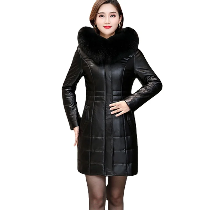 Leather Women's Mid-length Thick Down Cotton 2021 New Winter Fur Collar Middle-aged And Elderly Fashion Slim Warm Jacket
