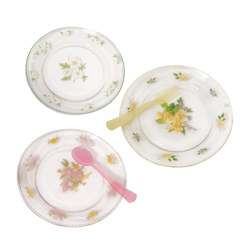 

Glass Plate For Fruit Food Salad Dessert Retro Plate Printed Korean Style Kitchen Accessories Tray Glass Plate For Tableware