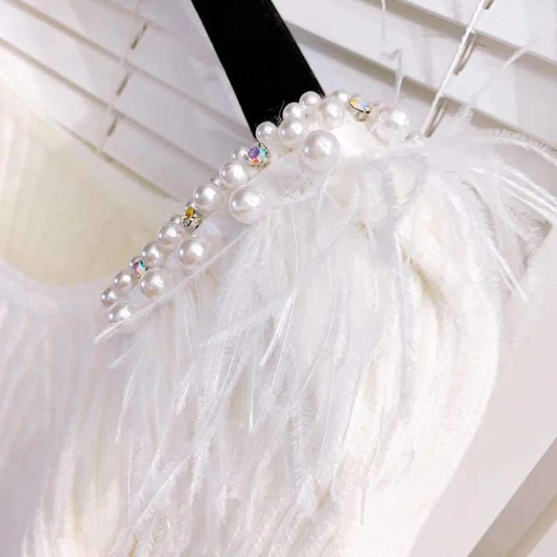 

2021 Spring Autumn New Knitwear Pullover Beaded Feather Stitching Sexy Square Collar Lantern Long Sleeve Knitted Sweater Tops