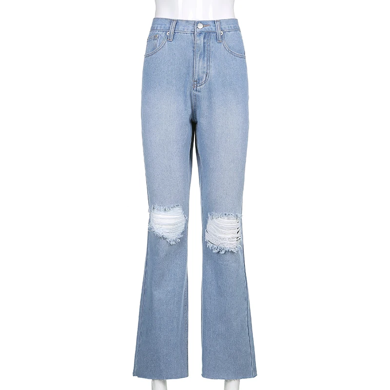 

Fashion Ripped Blue Y2K Flare Jeans For Girls Female 2020 Casual Women's Vintage Denim Pants High Waisted Trouser Harajuku Capri