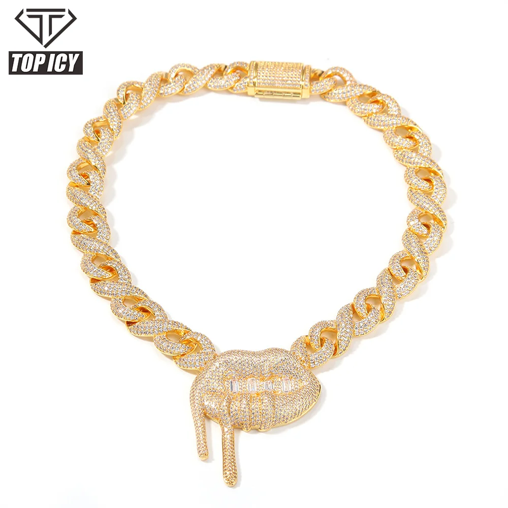

18" gold tone full iced out hip hop miami cuban chain with lips pendant necklace crystal rhinestone hip hop necklace for men