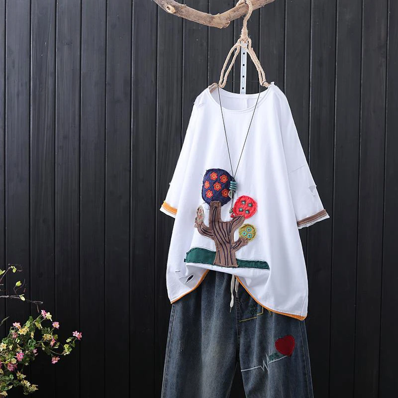 

2020 Summer New Arts Style Women Short Sleeve O-neck Cotton Tshirt Patchwork Embroidery Hole Loose Tee Shirt Femme Tops S750