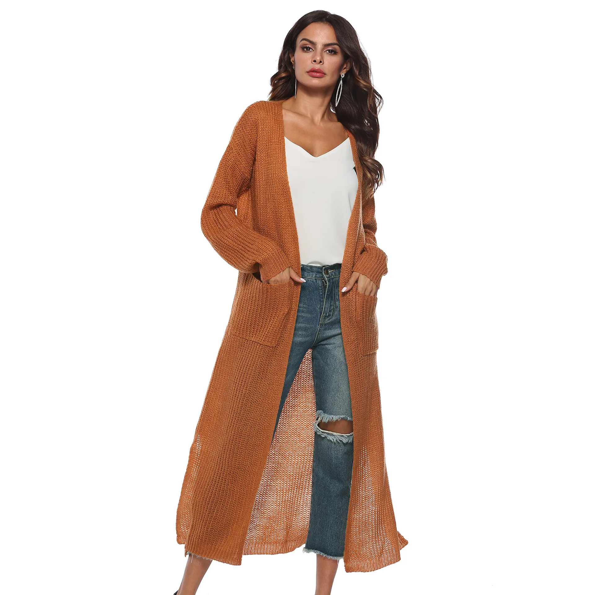 

Женский кардиган, свитер, длинный вязаный кардиган, Женский однотонный свободный свитер с большими карманами