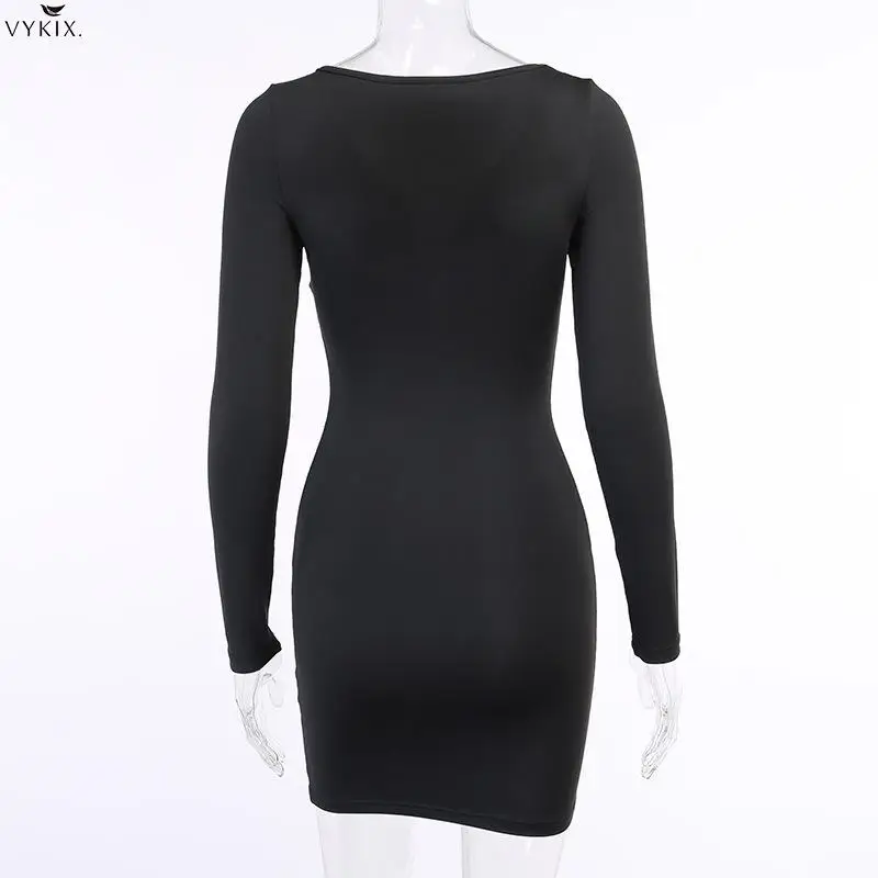 

Korean Style Bodycon Black Long Sleeve Dress Women V Neck Cut Out Chain Tie Up Sexy Club Mini Party Streetwear Clubwear Dresses