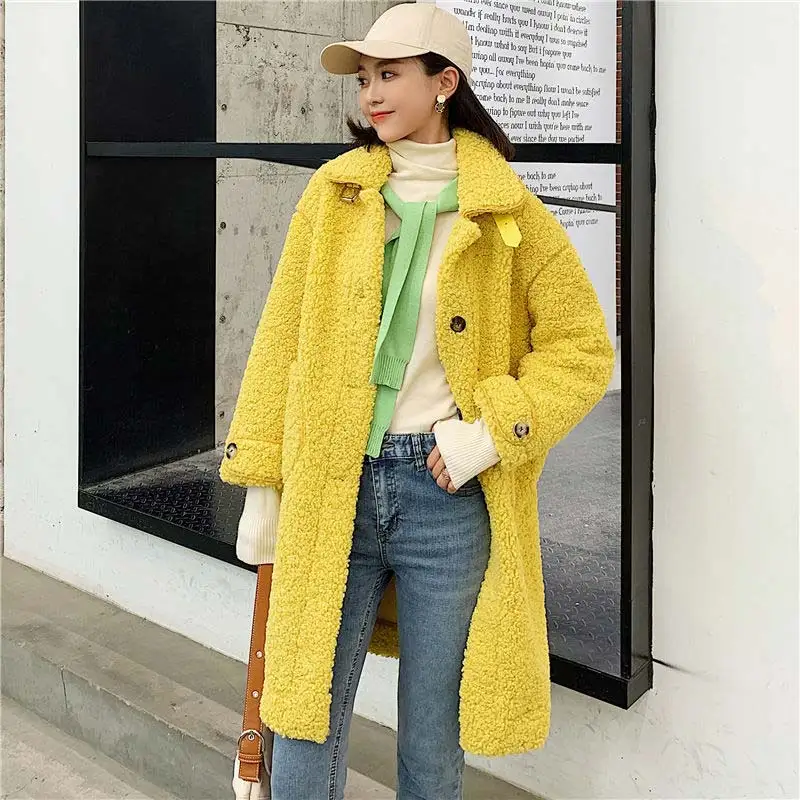 Yellow Женское пальто из искусственного меха зимнее теплое плюшевое пальто Модная длинная парка куртка из меха ягненка женская верхняя одежда пальто - Цвет: Yellow