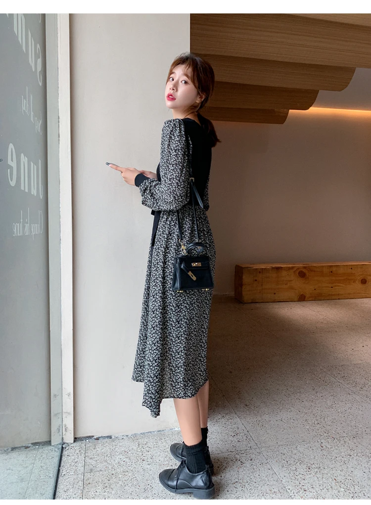 

Autumn Women Knitted Dress V-Neck Waistband Splicing Chiffon Hem Dresses Ladies Long Sleeve Floral Mid-calf A-line Slim Dress