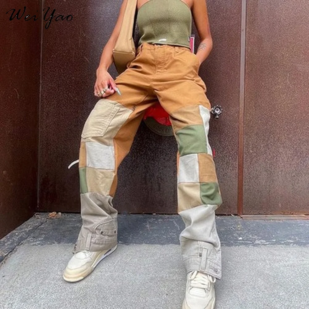 

WeiYao Fairy Grunge Wide Leg Baggy Mom Jeans Contrast Color Patches Vintage Cargo Pants Women High Waist Denim Trousers 90s