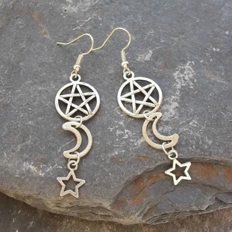 

1pcs Moons & Stars Earrings, Pagan Earrings, Gothic Earrings, Silver Pentacle Earring