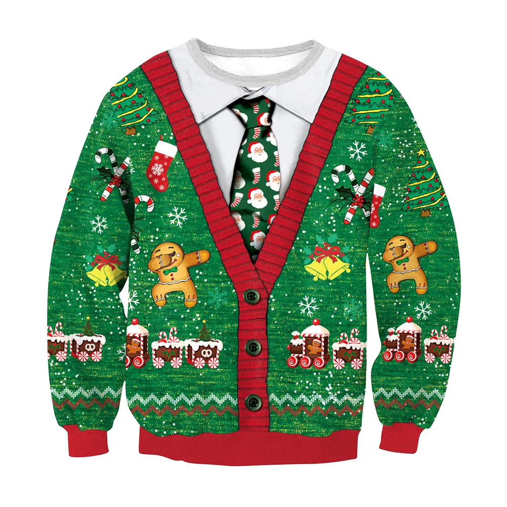 

Women Clothing Christmas Holiday Fake Two Tie Printed Round Neck Hip Hop Hoodie Men Sweatshirt