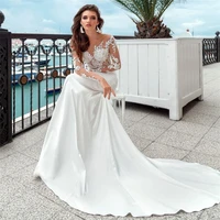 scoop neck long sleeves mermaid wedding dress buttons lace appliques simple beach bridal gowns customized long spring 2020 robe