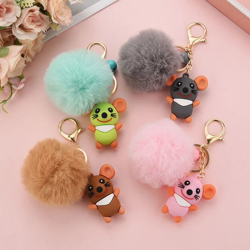 

Creative Cute Cartoon Mouse Key Chain Faux Rabbit Fur Ball Pompom Keyring Car Bag Pendant Keychain