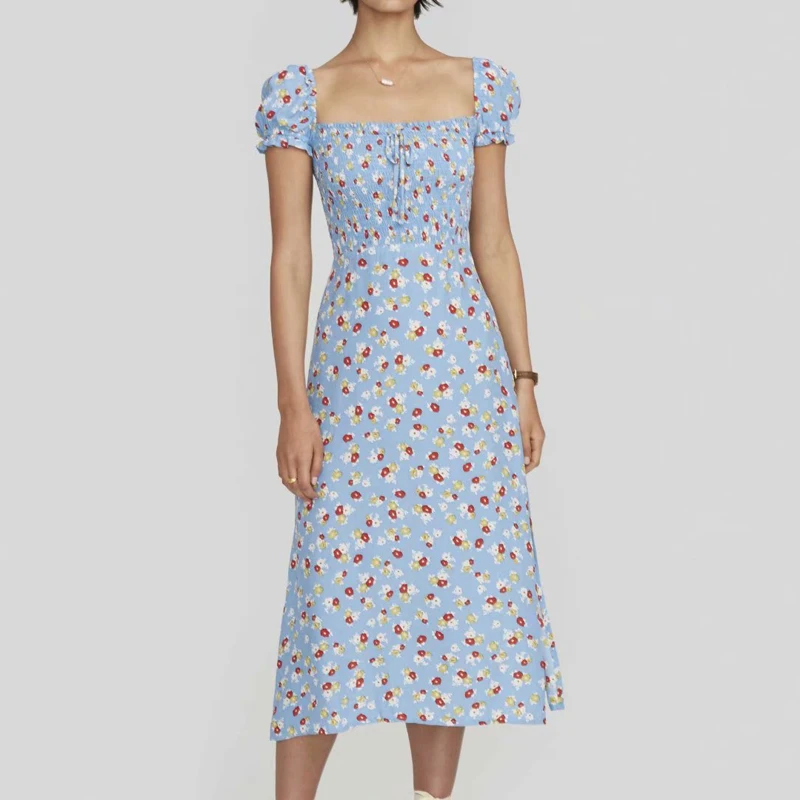 

Женское винтажное платье-трапеция с коротким рукавом-фонариком и квадратным вырезом