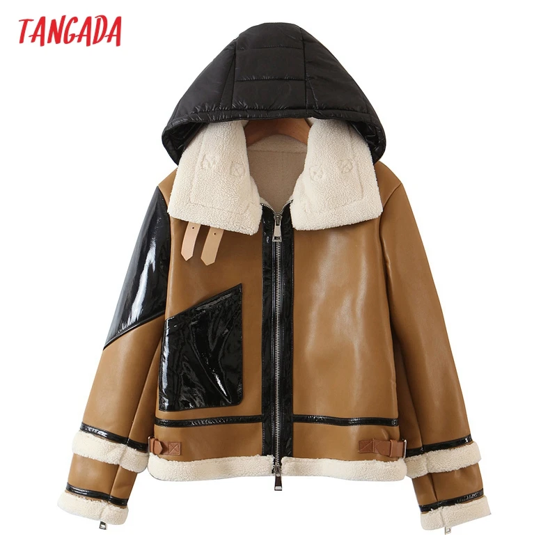 

Tangada 2021 New Winter Women Brown Fur Faux Leather Hood Jacket Coat Ladies Thick Warm Oversized Coat 8H164