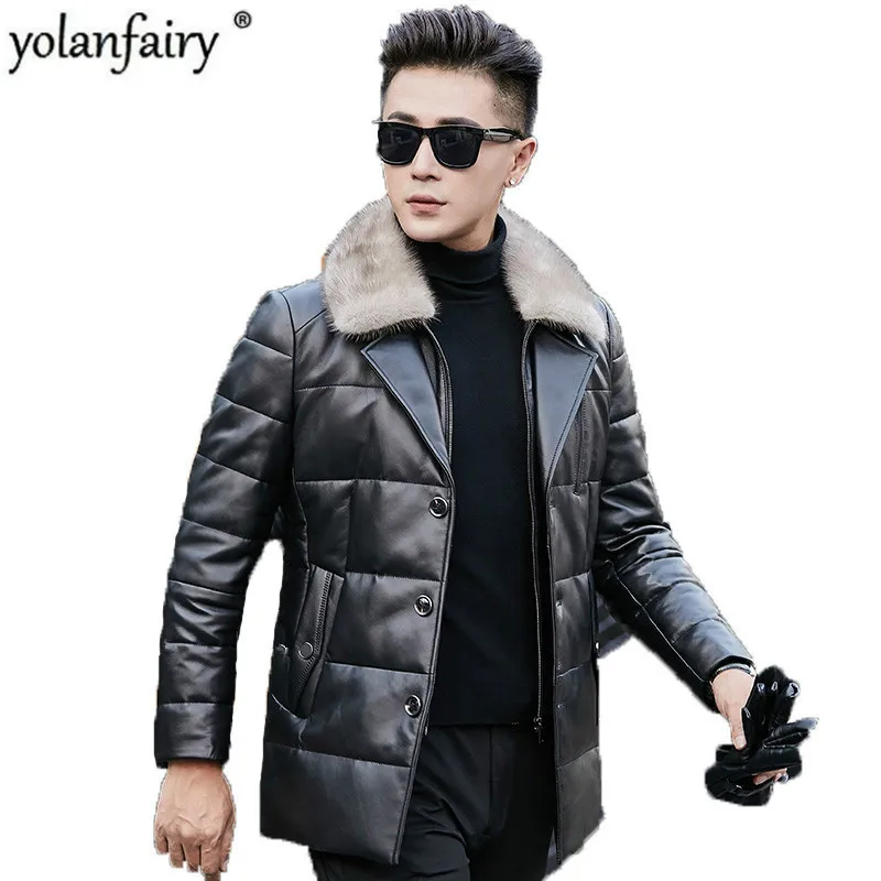 Мужская куртка из натуральной кожи зимняя норки с меховым воротником пальто