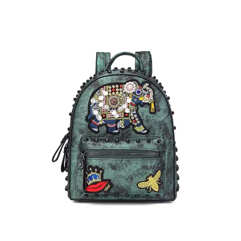 Мини-рюкзак с вышивкой слона и двойным наплечным ремнем со стразами модная