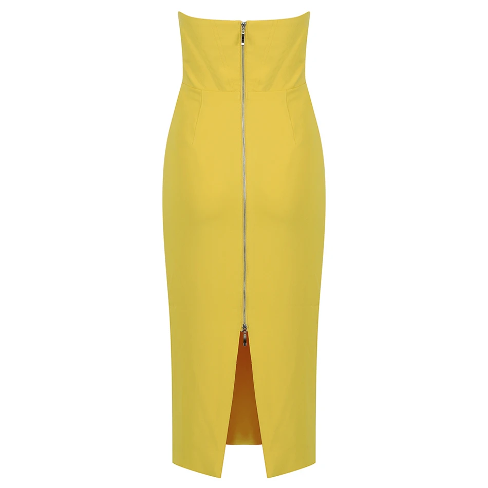 

2021 Summer New Women'S Yellow Sexy Strapless Split Midi Dress Bodycon Celebrity Club Party Dress Vestidos