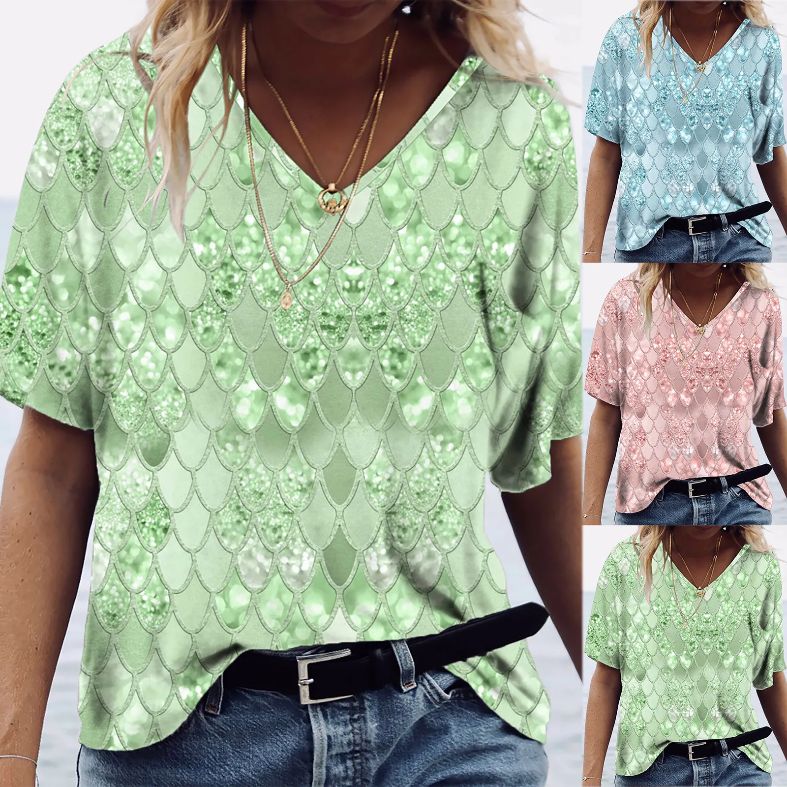 

Fashion Sequins Casual Blouse Shirts Women Sexy V Neck Loose Streetwear Top Tee Female Oversize Casual Women Clothing New Blusa