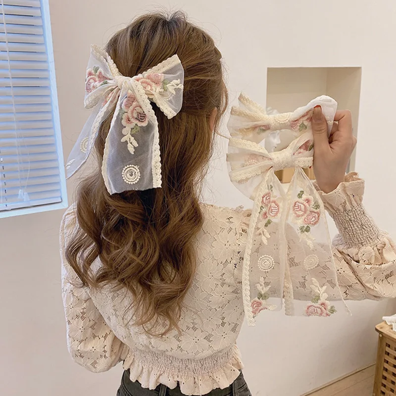 

Women Double layer Hair Bow with Clips Sweet Hairpins Scrunchies Embroidery Hair Ornament Fashion Girls Hair Accessory 3 Types
