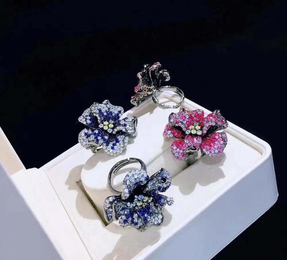 

romantic flower ring adjustable size 925 sterling silver bling bling cocktail ring fine women jewelry for wedding party
