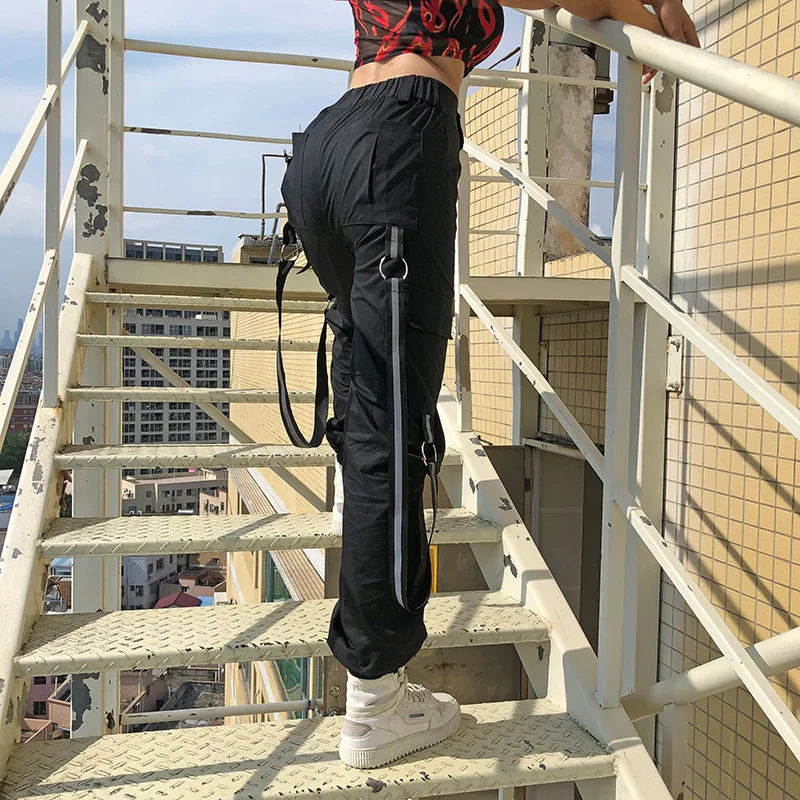 

XBUEN Women Cargo Pants Harajuku Woman Reflective Strip High Waist Harem Pants Jogger With Pocket Trousers For Female streetwear