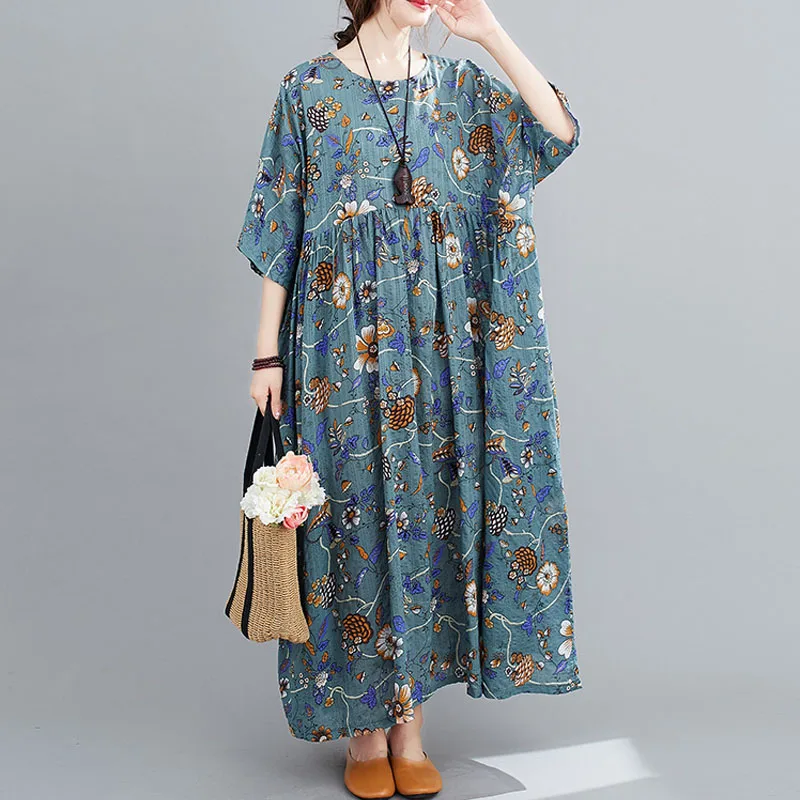 Plus Size Linen Beach Maxi Dresse Vintage Cotton Women Dress Robe Female Floral Printed Boho Summer Dresses 4XL 5XL 6XL | Женская одежда
