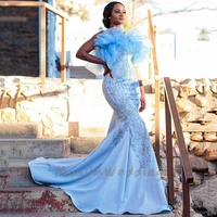 plus size mermaid evening dresses strapless blue beaded ruffle lace crystal african prom dress vestido de fiesta de noche largos