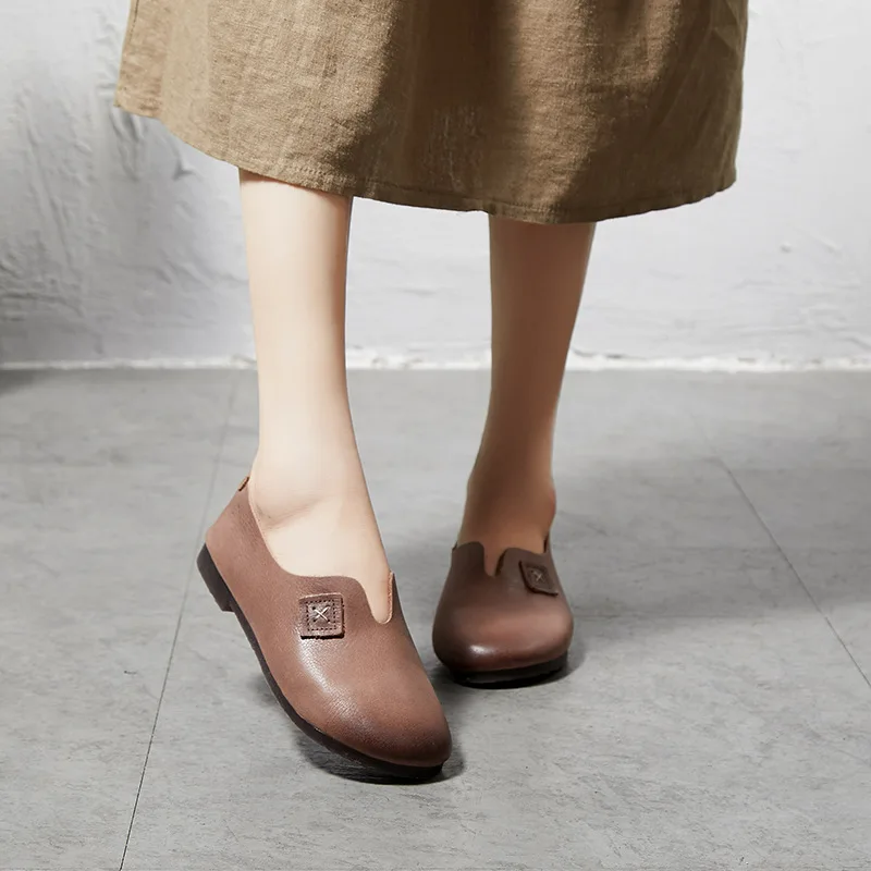 Johnature Women Shoes Genuine Leather Casual Flats Round Toe New Autumn Shallow Solid Color Handmade Womens Shoes