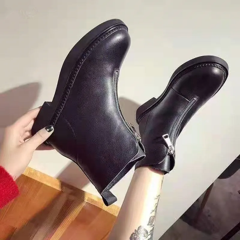 

2019 Autumn And Winter New Women's Shoes Leather Martin Boots Female England Wind Front Zipper Thick With Short Boots Women