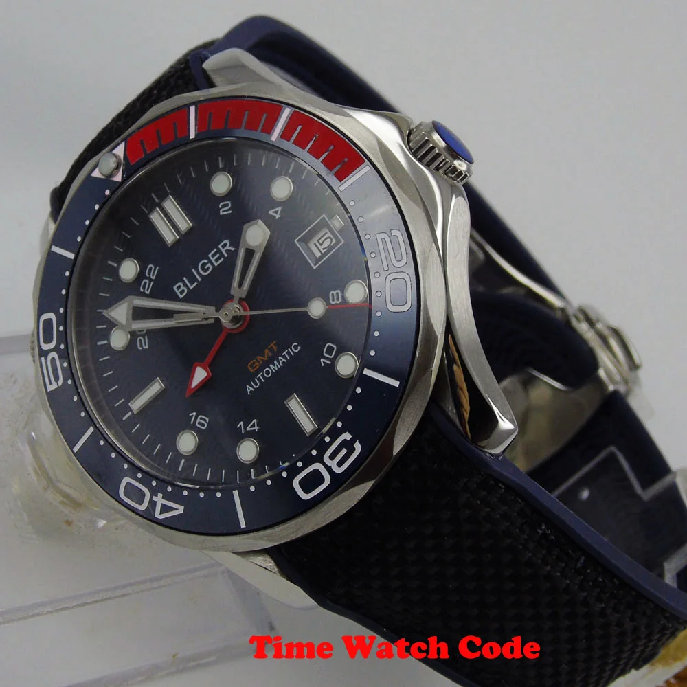 Мужские автоматические наручные часы Bliger 41 мм GMT синий циферблат индикатор Даты