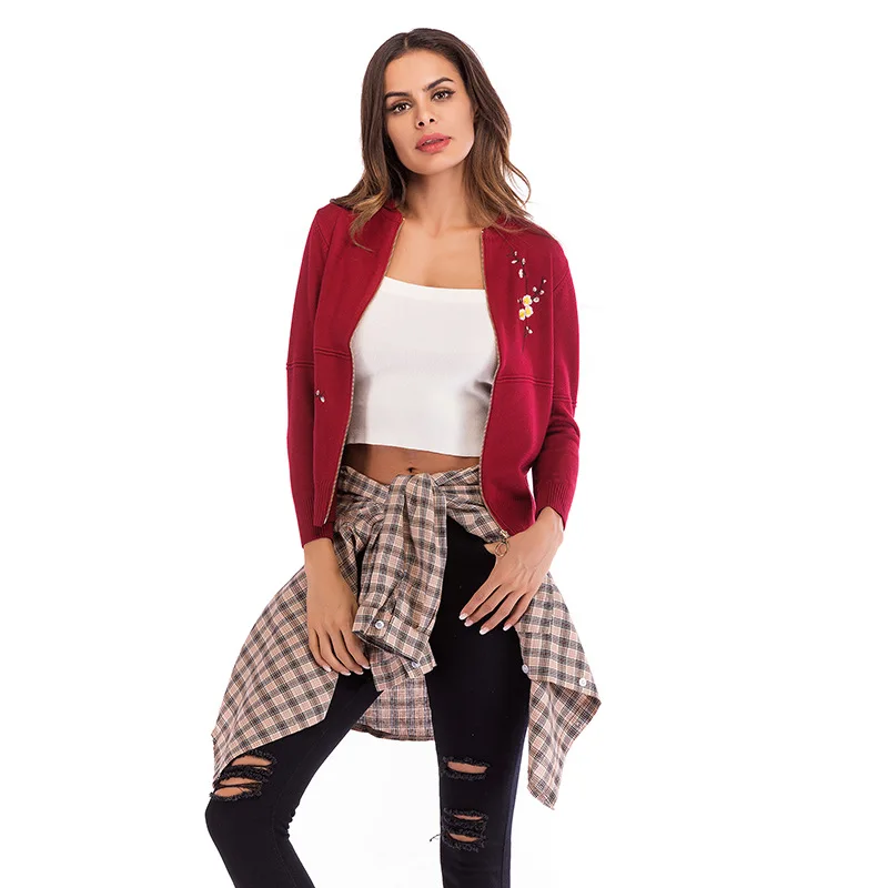 

2020 Newest Flower Embroidered Knitted Cardigan Tops Zipper Slim Women Casual Short Coat O Neck Long Sleeve Autumn Winter Red