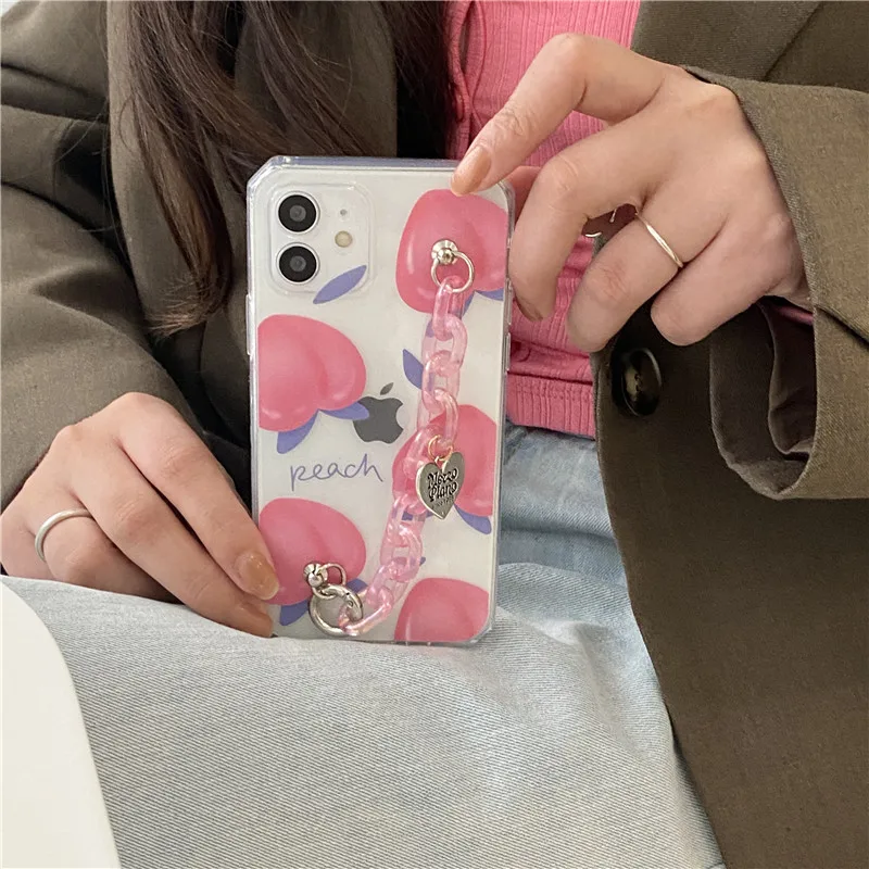

INS Crystal Chain lanyard Peach Clear Case For iphone 12 12Pro Max 11 11Pro X Xs max SE XR 7 8 Plus Soft silicone case