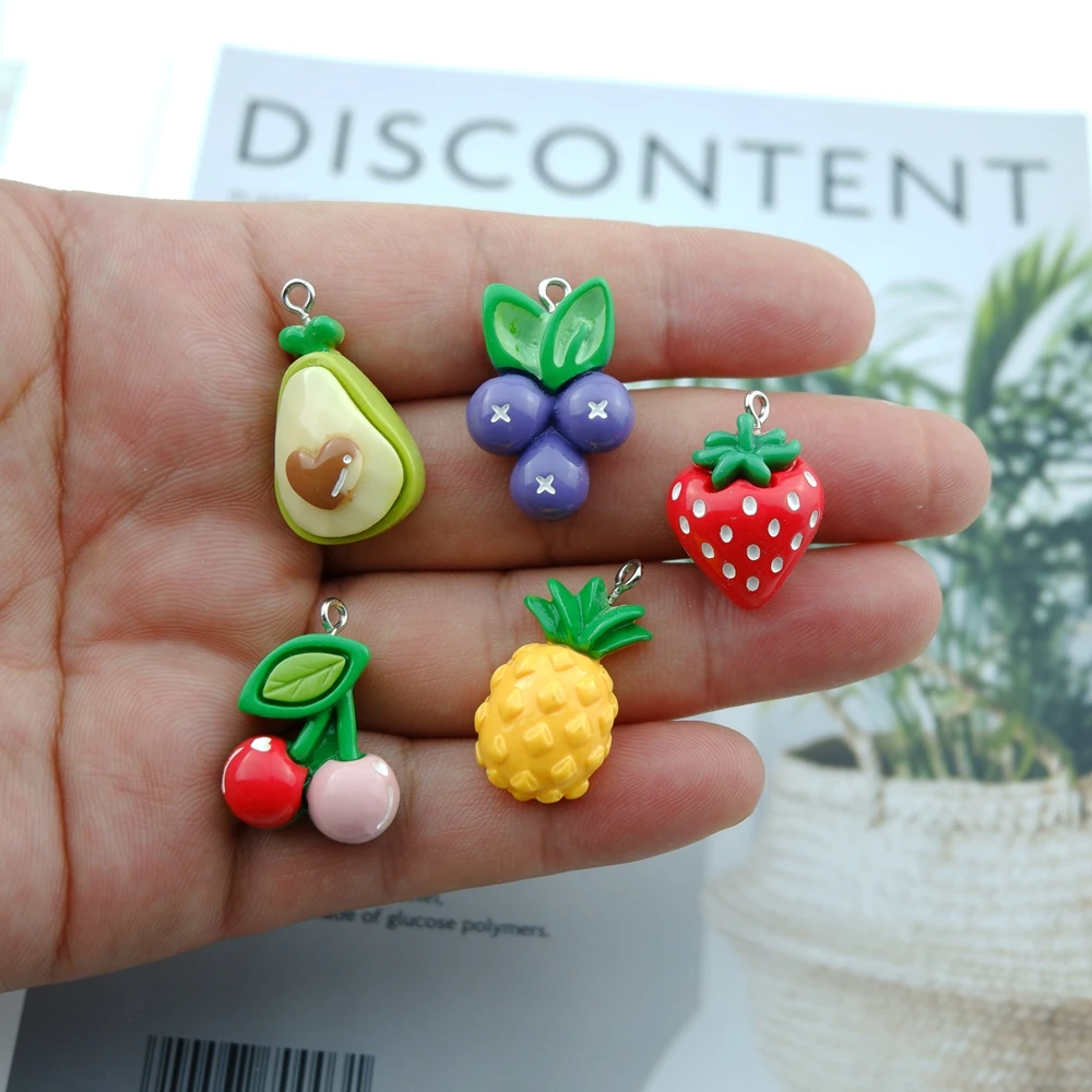 10pcs/Pack Fruit Pear Grape Cherry Pineapple Resin Earring Charms for Bracelet Pendant Jewelry Findings Phone Making - купить по