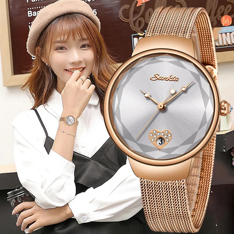 Часы наручные SUNKTA женские кварцевые брендовые Роскошные водонепроницаемые с