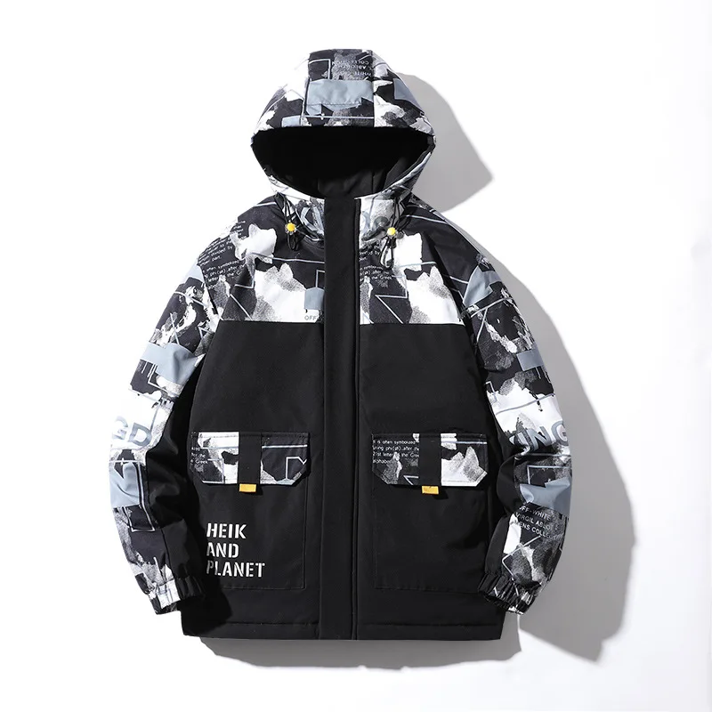 Men's Fashion Plus Size Stitching Printing Warm Jacket Youth New Thick Padded Jacket Mens Winter Coat Loose-fitting Outerwear