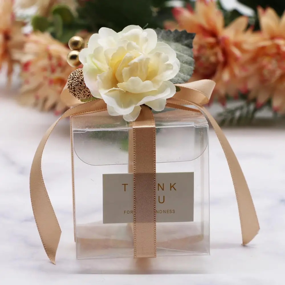 

50Pcs Clear Square PVC Birthday Gift Box with Flower Wedding Mariage Favor Transparent Chocolate Candy Box Candy Packaging Bag