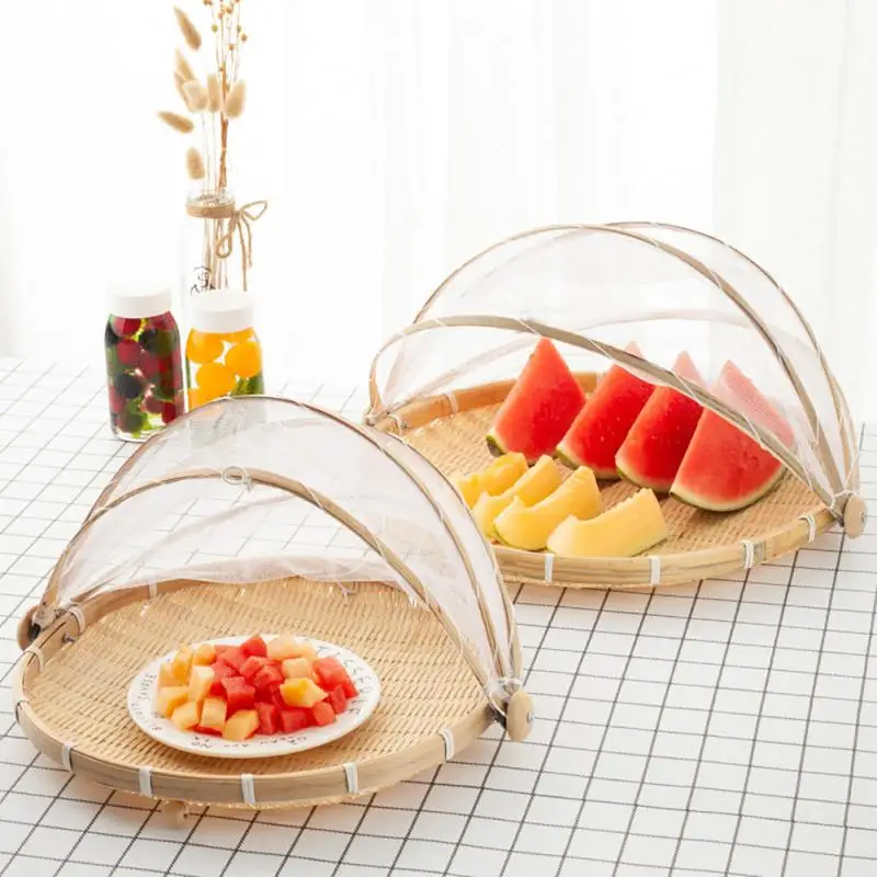 Bamboo Tent Basket Hand Woven Tray Anti Bug Food Fruit Container Net Mesh Cover Hand Woven Anti Bug Dust Proof Storage Basket