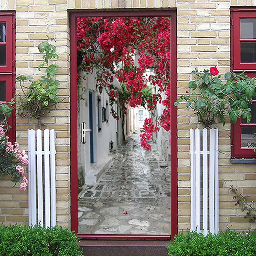 

Door Sticker Self Adhesive Vinyl Retro Pattern Wall Sticker Waterproof Ancient Town Red Flower Natural Scenery Home Decor Decal