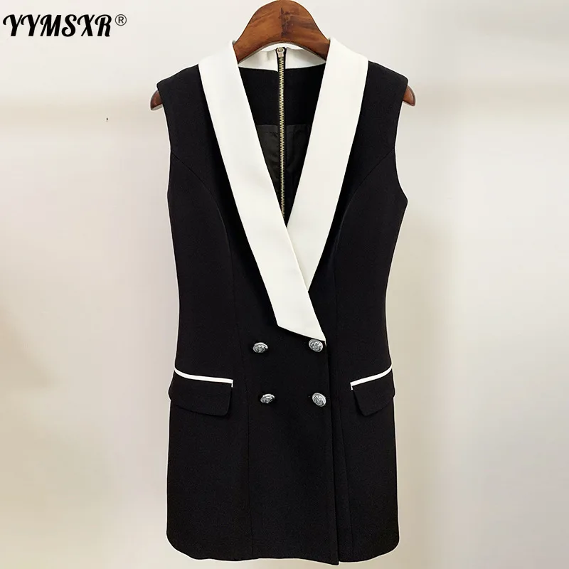

2021 Spring and Autumn New Style Trendy Professional Wear Double-breasted Contrast Color Suit Collar Sleeveless Vest Dress