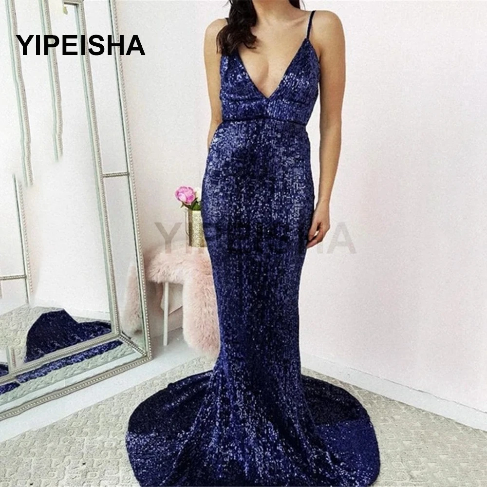 

2021 Bule Sexy V-Neck Mermaid Evening Dress Backless Spaghetti Strap Sleeveless Floor Length Prom Party Gown robe de soirée